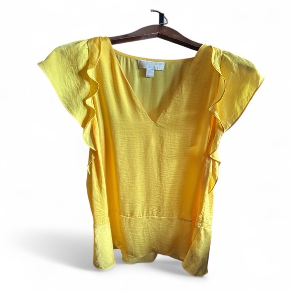Michael Kors Tops - Michael Kors Womens Size Large Yellow Ruffle Flutter Sleeve V Neck Casual Blouse